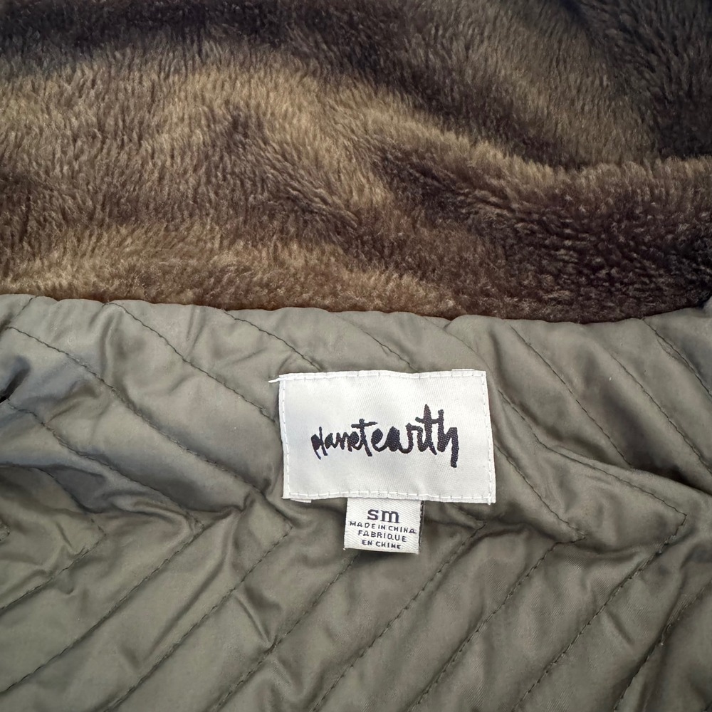 Planet Earth Women's Olive Green Herringbone Faux Fur Lined Hooded Jacket Small - Picture 7 of 14